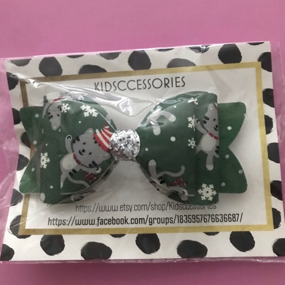 Green Holiday Cat Print Bow Hair Clip, New